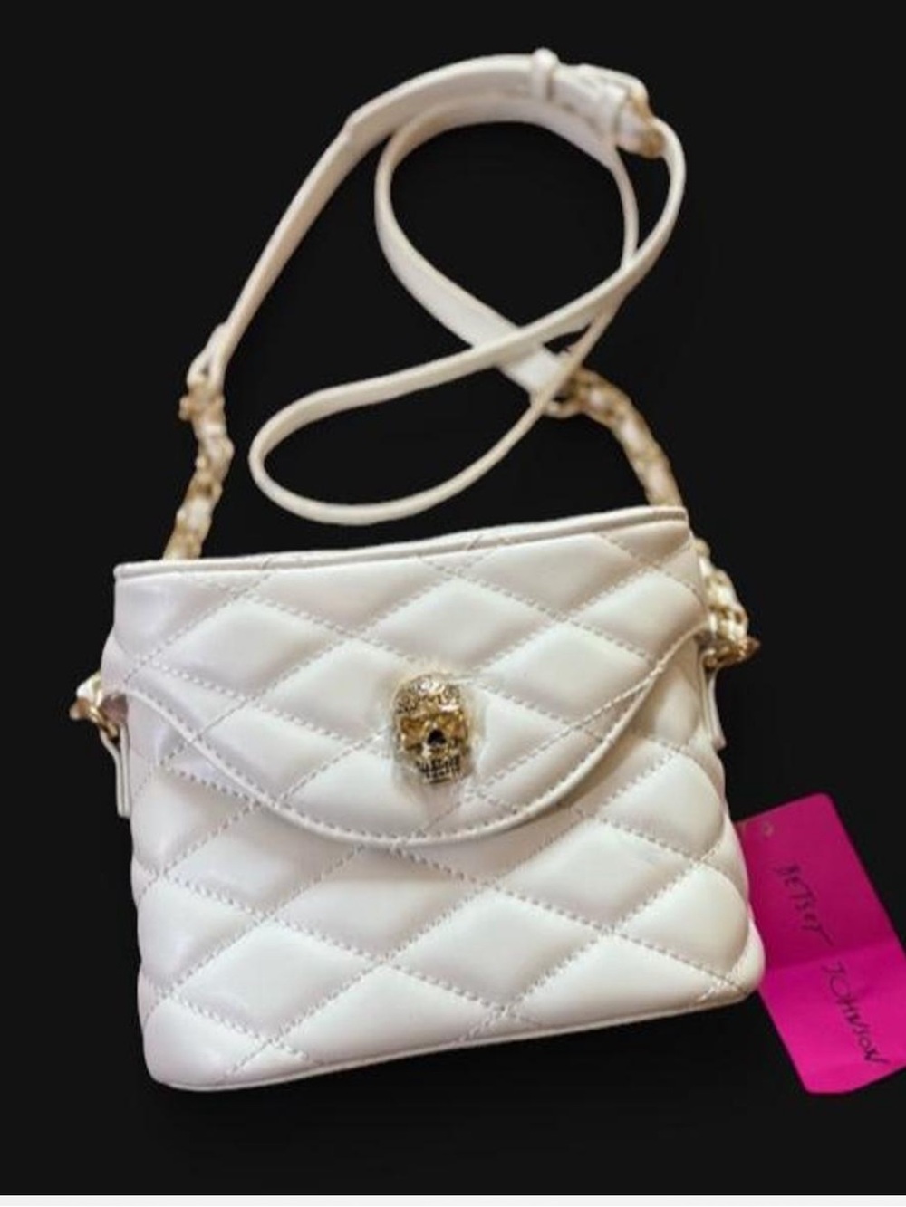 Betsey Johnson White Quilted  Skull Crossbody Bag